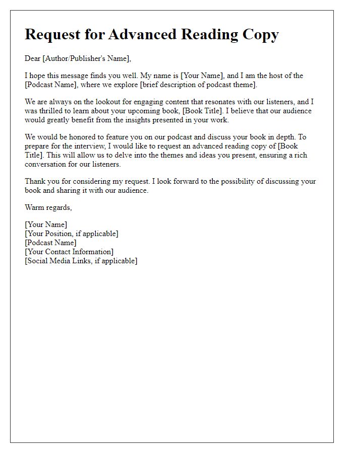 Letter template of advanced reading copy request for podcast hosts