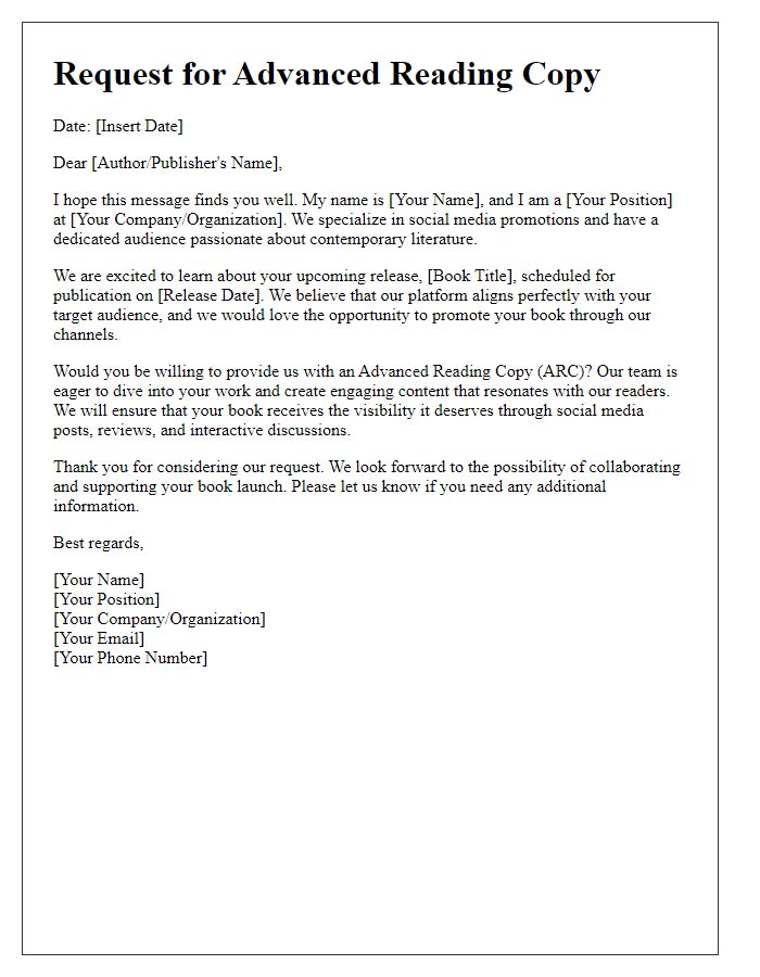 Letter template of advanced reading copy request for social media promotions