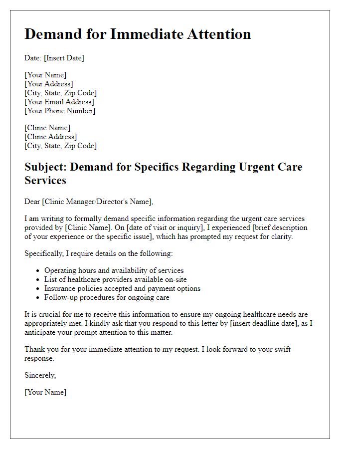 Letter template of demand for urgent care clinic specifics