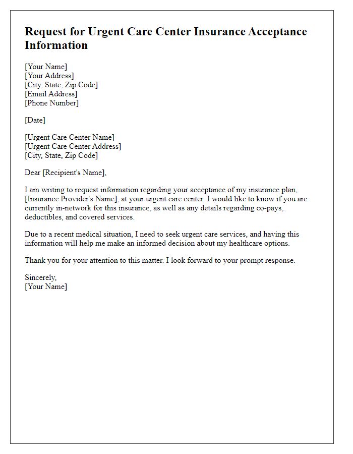 Letter template of request for urgent care center insurance acceptance information