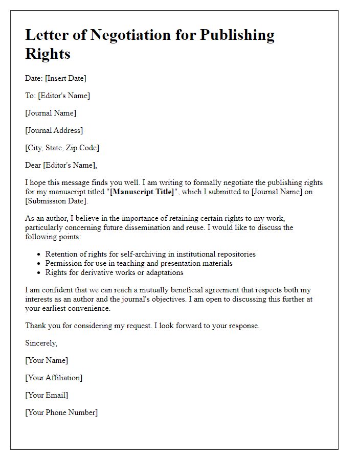 Letter template of publishing rights negotiation for academic journals.