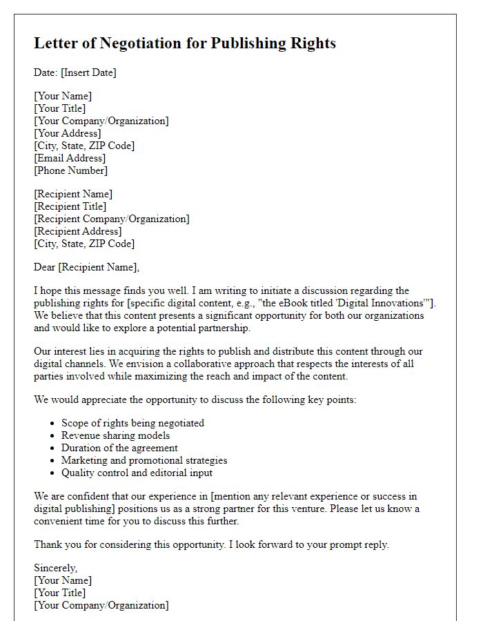 Letter template of publishing rights negotiation for digital content.