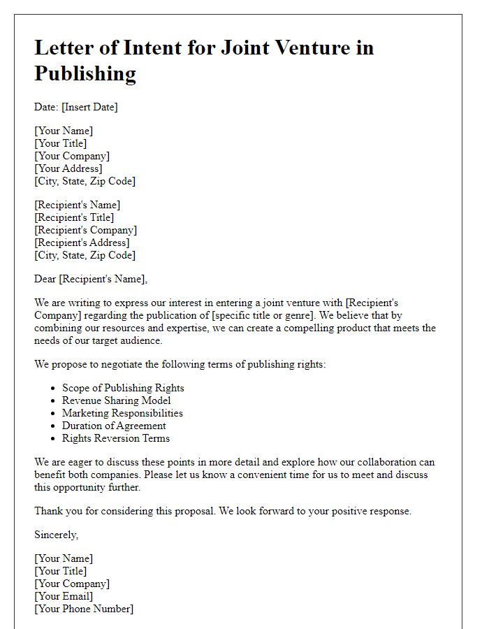 Letter template of publishing rights negotiation for joint ventures in publishing.