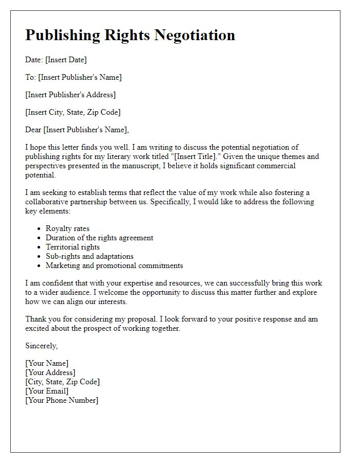 Letter template of publishing rights negotiation for literary works.