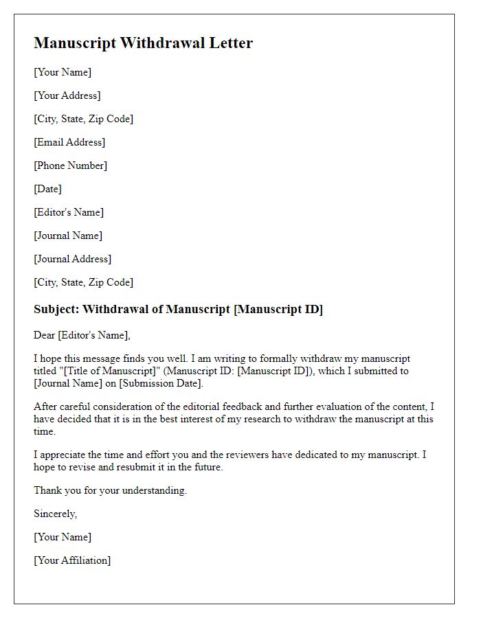 Letter template of manuscript withdrawal after editorial feedback.