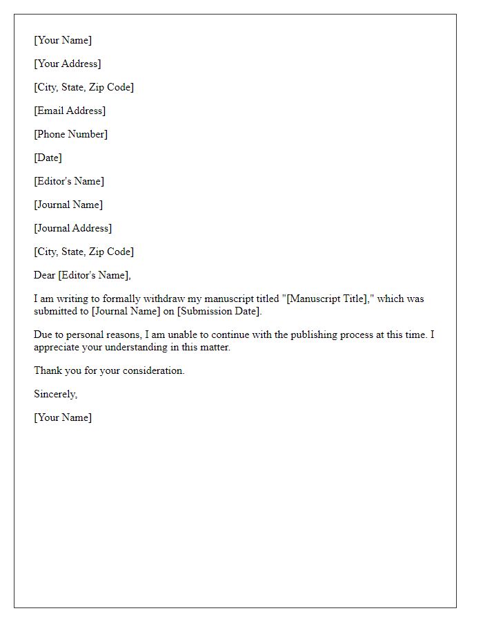 Letter template of manuscript withdrawal due to personal reasons.