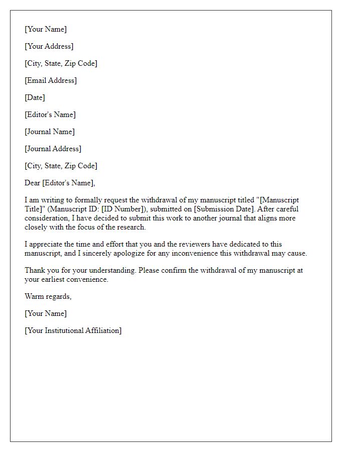 Letter template of manuscript withdrawal for resubmission to another journal.