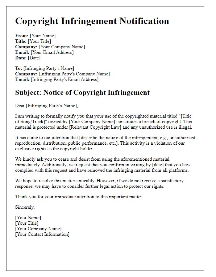 Letter template of copyright breach communication for music industry.