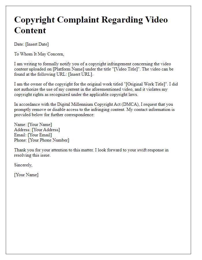 Letter template of copyright complaints regarding video content.