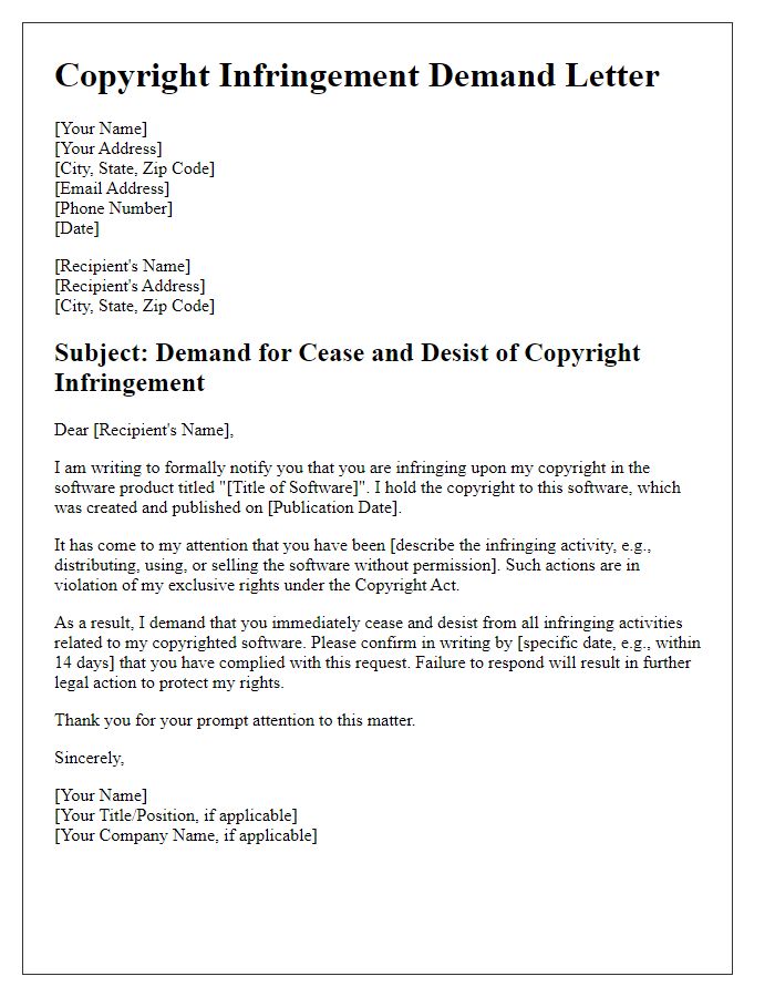 Letter template of copyright infringement demand for software products.