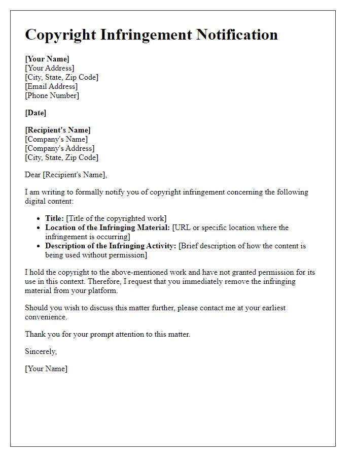 Letter template of copyright infringement notification for digital content.