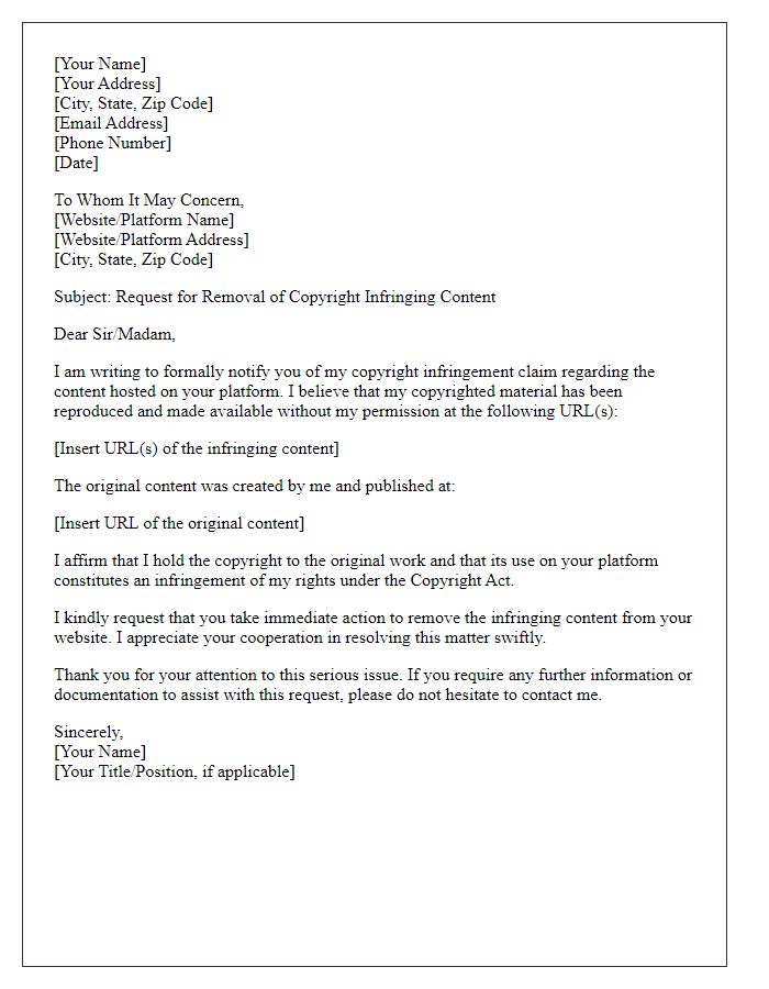 Letter template of copyright infringement request for removal of content.