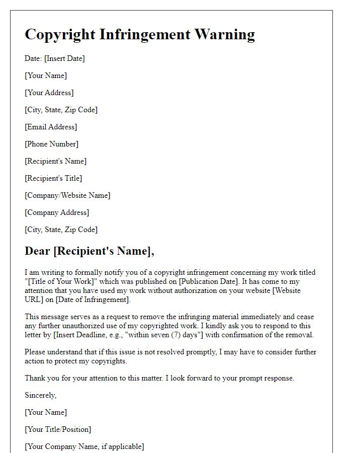 Letter template of copyright infringement warning for online publications.