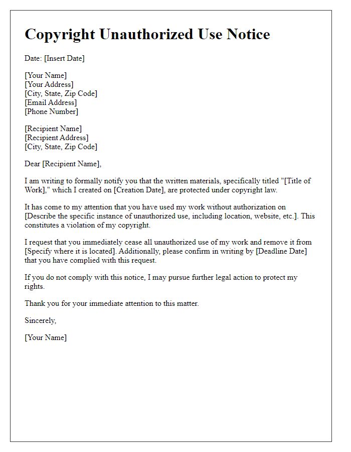 Letter template of copyright unauthorized use notice for written materials.