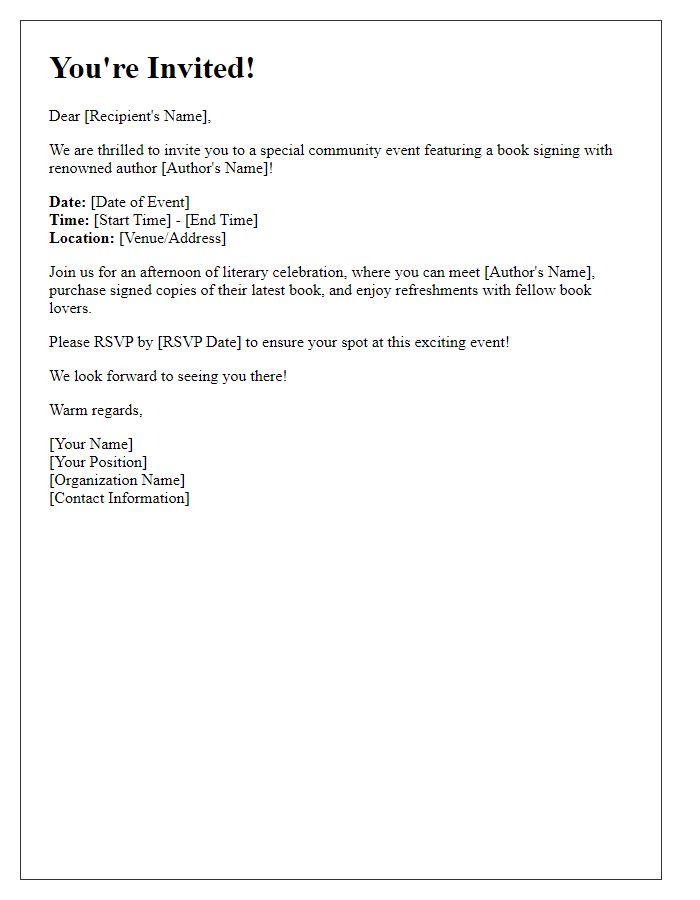 Letter template of community event invitation for a book signing.