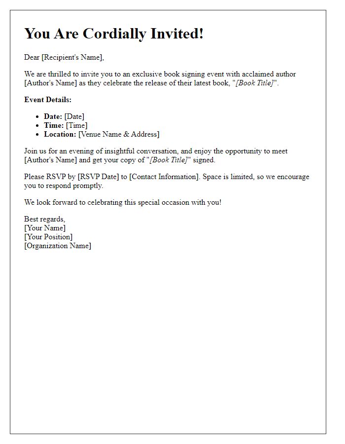 Letter template of exclusive invitation to an author's book signing.