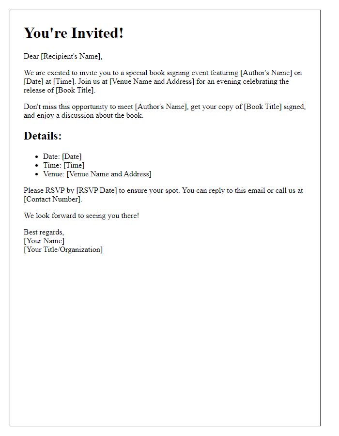 Letter template of RSVP invitation for a book signing event.