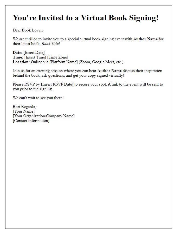 Letter template of virtual invitation for an online book signing.