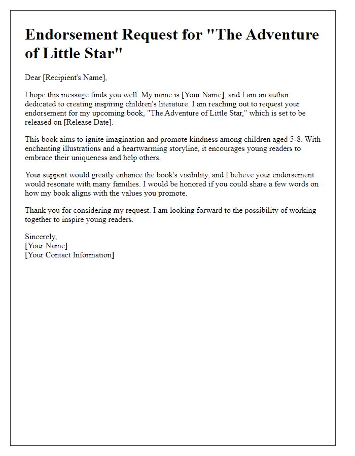 Letter template of endorsement request for a children's book