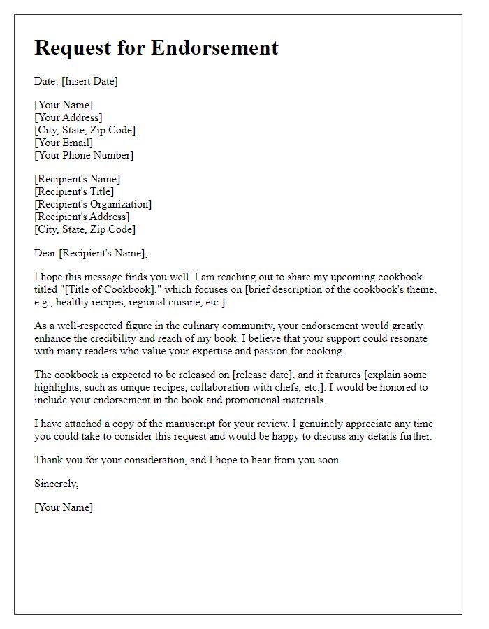 Letter template of endorsement request for a cookbook