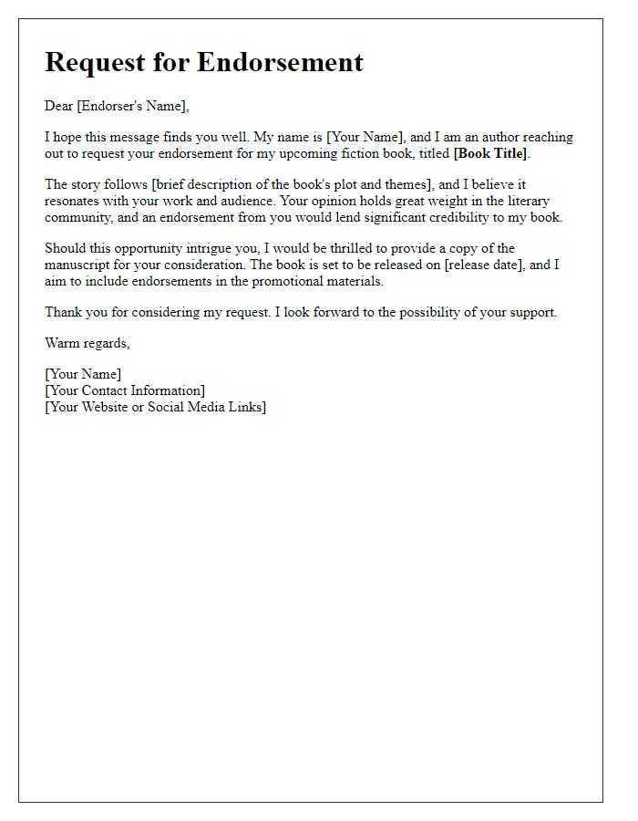 Letter template of endorsement request for a fiction book