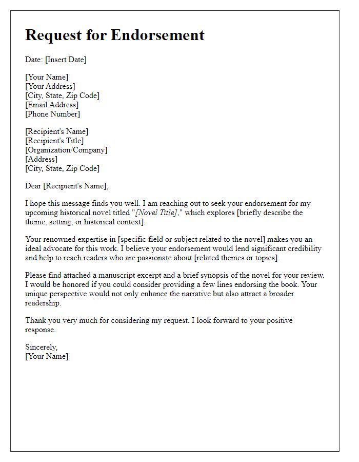 Letter template of endorsement request for a historical novel