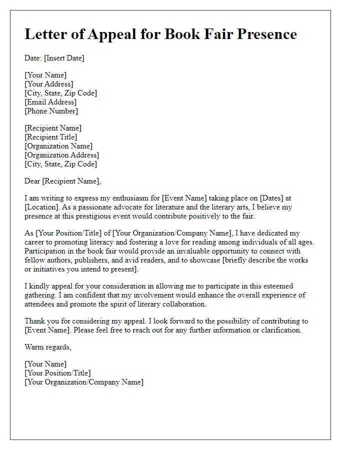 Letter template of appeal for book fair presence.