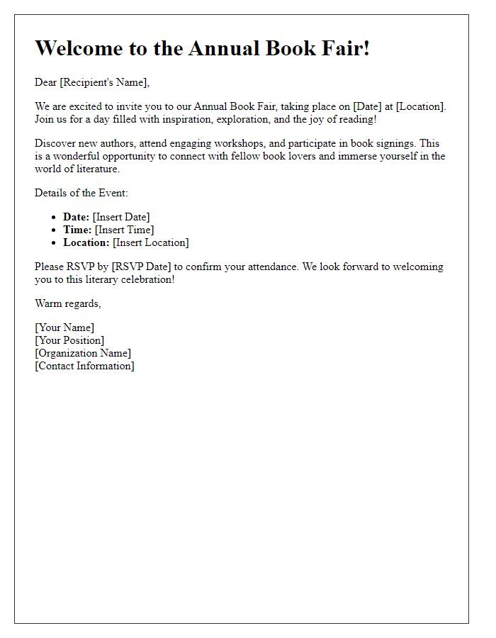 Letter template of welcome invitation to the book fair.