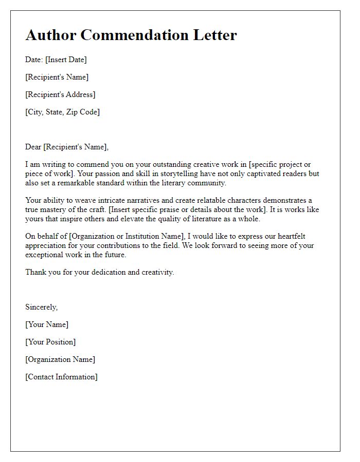 Letter template of Author Commendation Letter for Creative Excellence