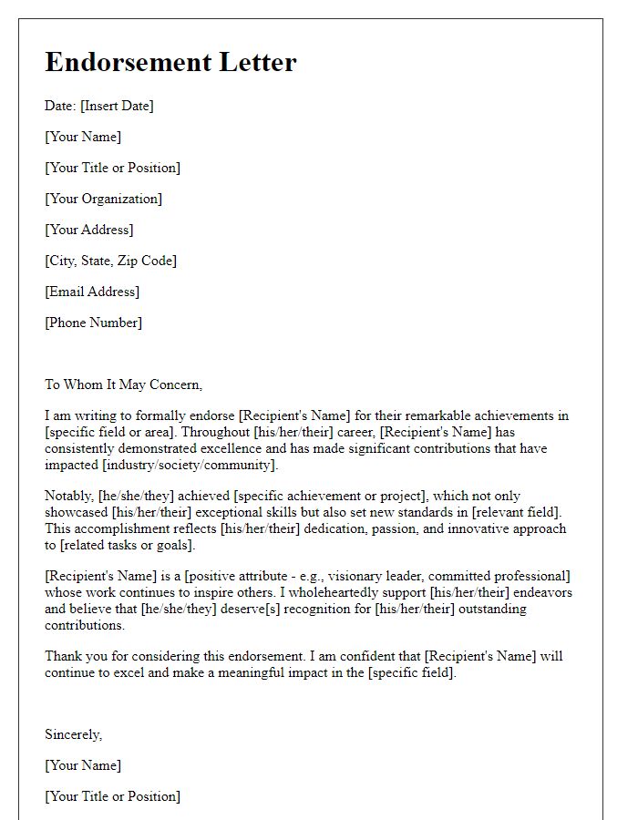 Letter template of Author Endorsement Letter for Remarkable Achievements