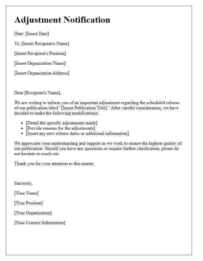 Letter template of adjustment notification for publication release