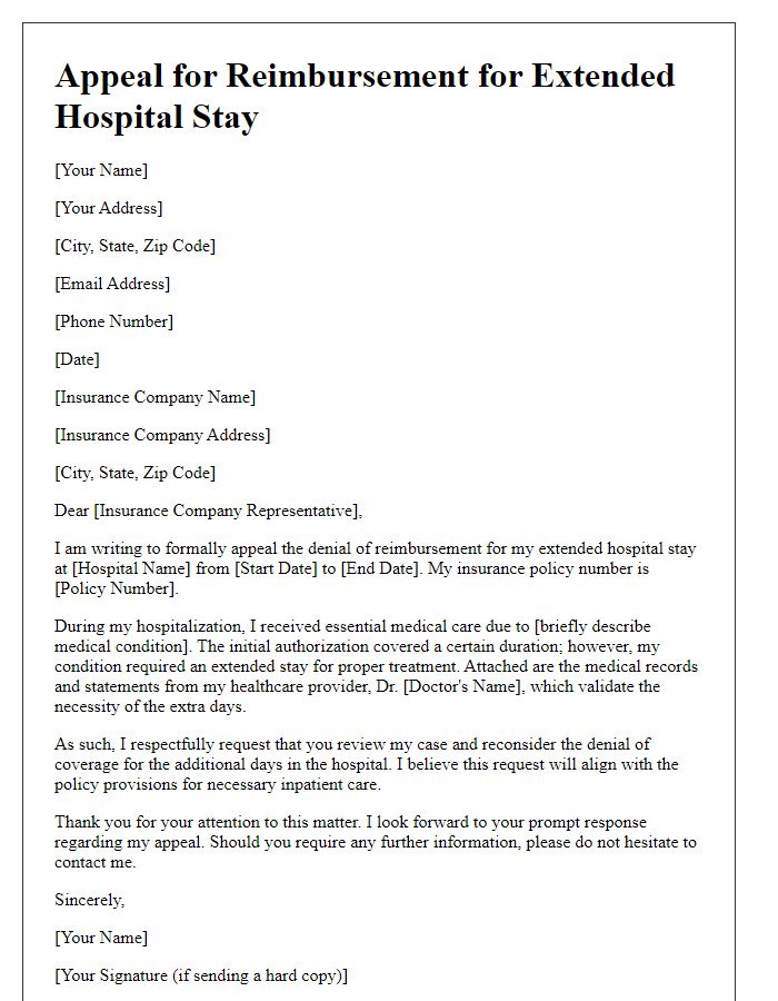 Letter template of extended hospital stay appeal for reimbursement