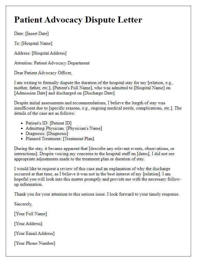 Letter template of formal dispute regarding hospital stay duration for patient advocacy