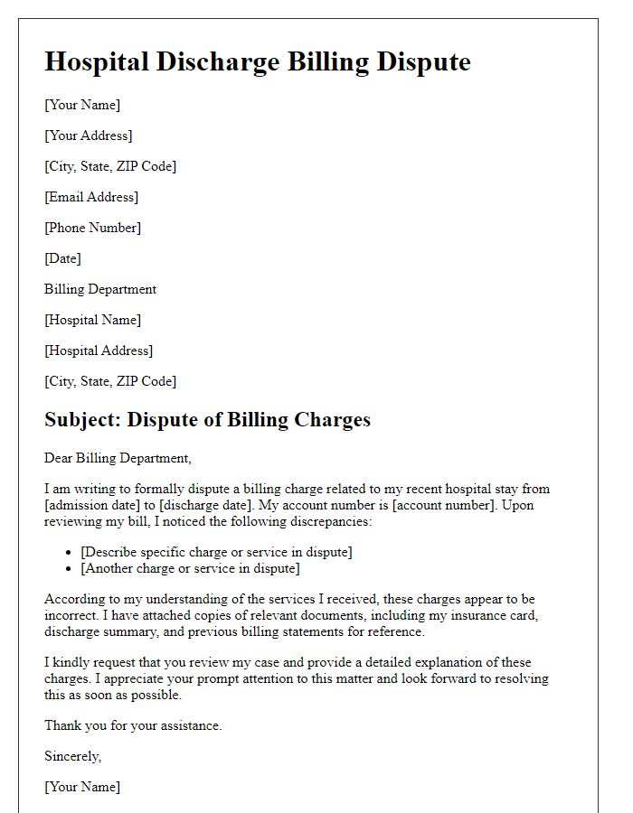 Letter template of hospital discharge dispute for billing inquiries