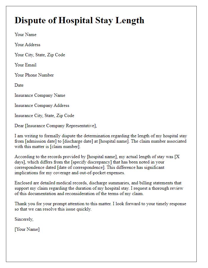 Letter template of hospital stay length dispute for insurance purposes