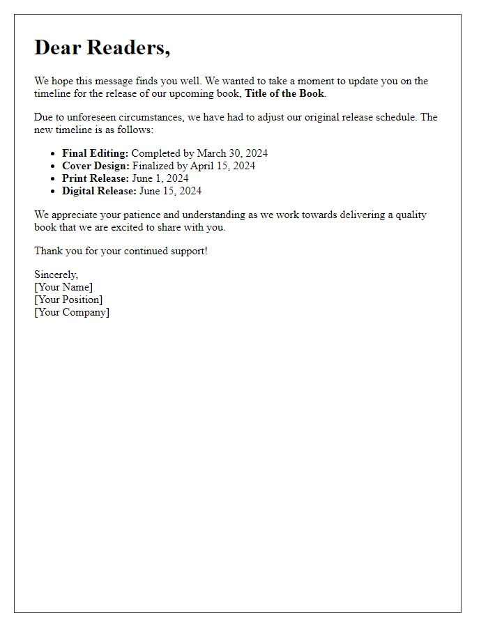 Letter template of update on book release timeline