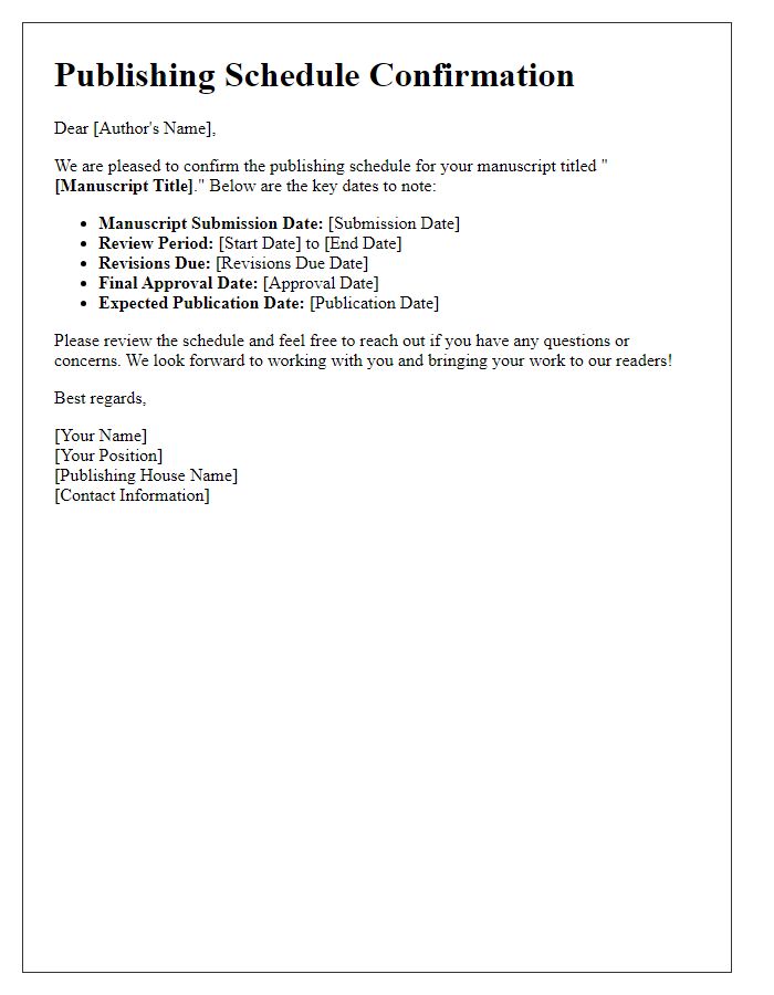 Letter template of publishing schedule confirmation for authors.