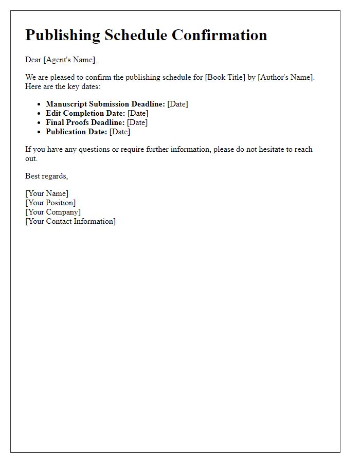 Letter template of publishing schedule confirmation for literary agents.