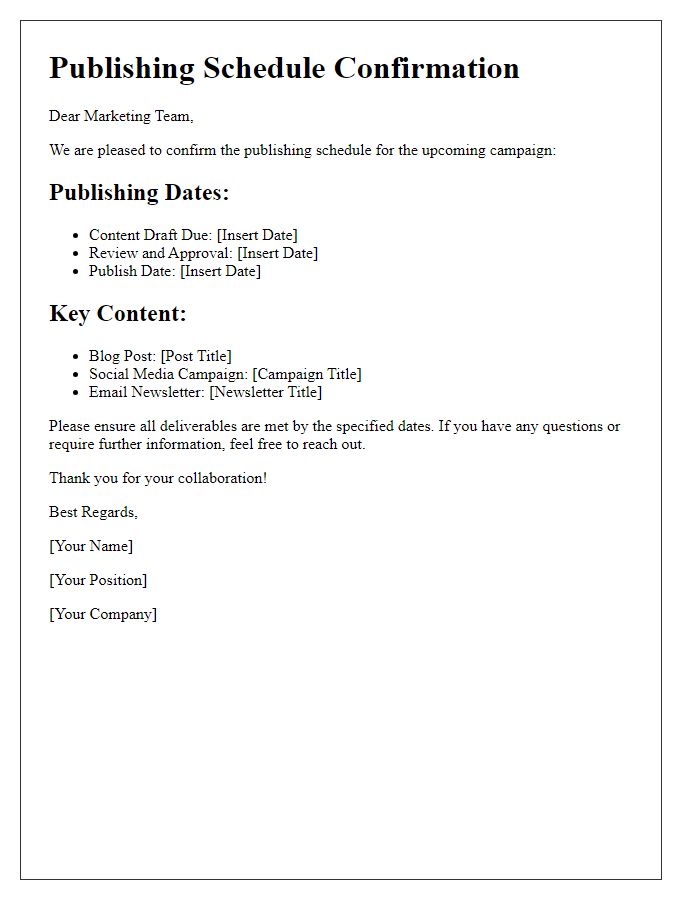 Letter template of publishing schedule confirmation for marketing teams.