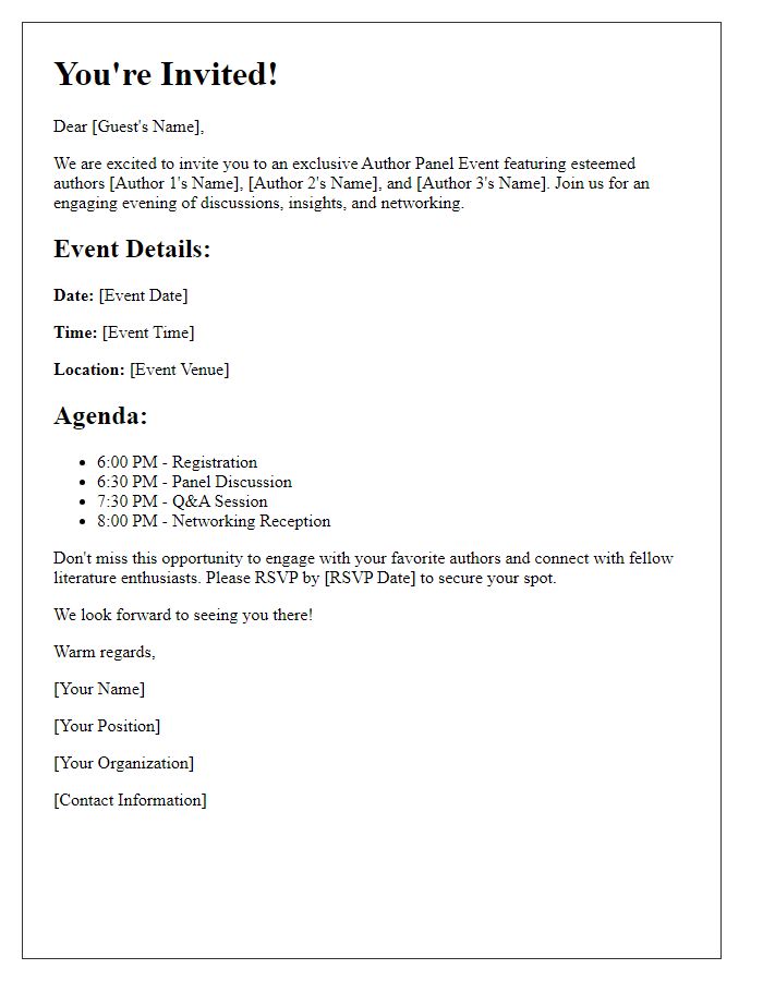 Letter template of engagement invitation for an author panel event.