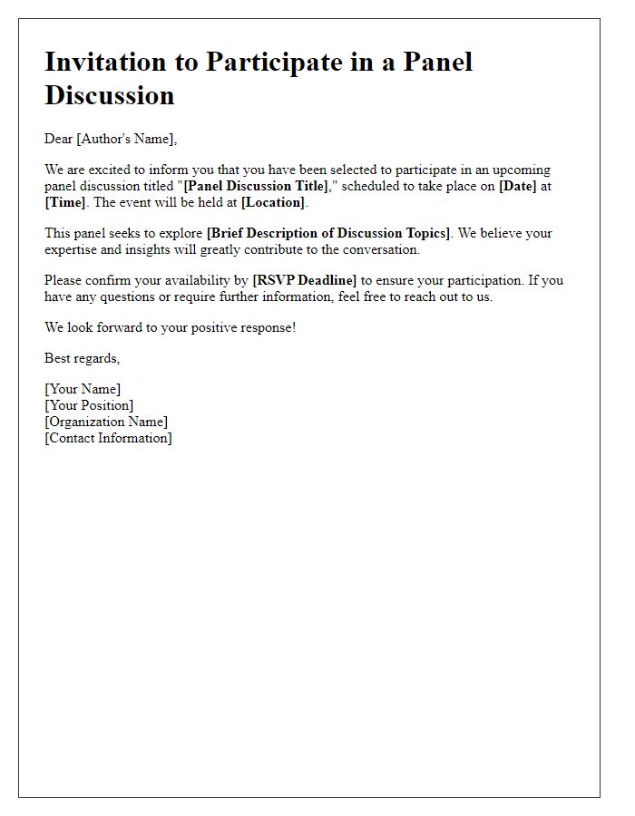 Letter template of notification for authors regarding a panel discussion invitation.