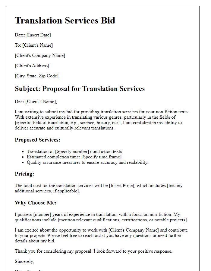 Letter template of a bid for translating non-fiction texts