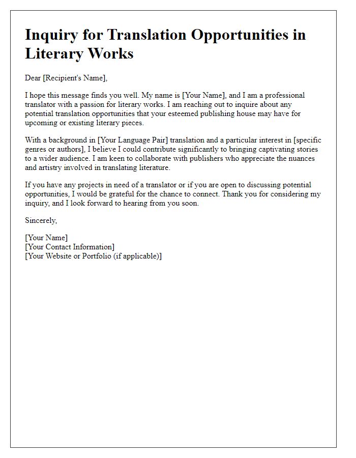 Letter template of an inquiry for translation opportunities in literary works