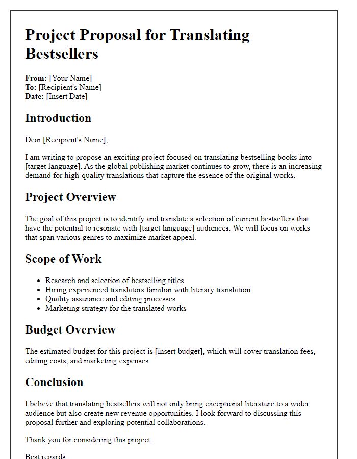 Letter template of a project proposal for translating bestsellers