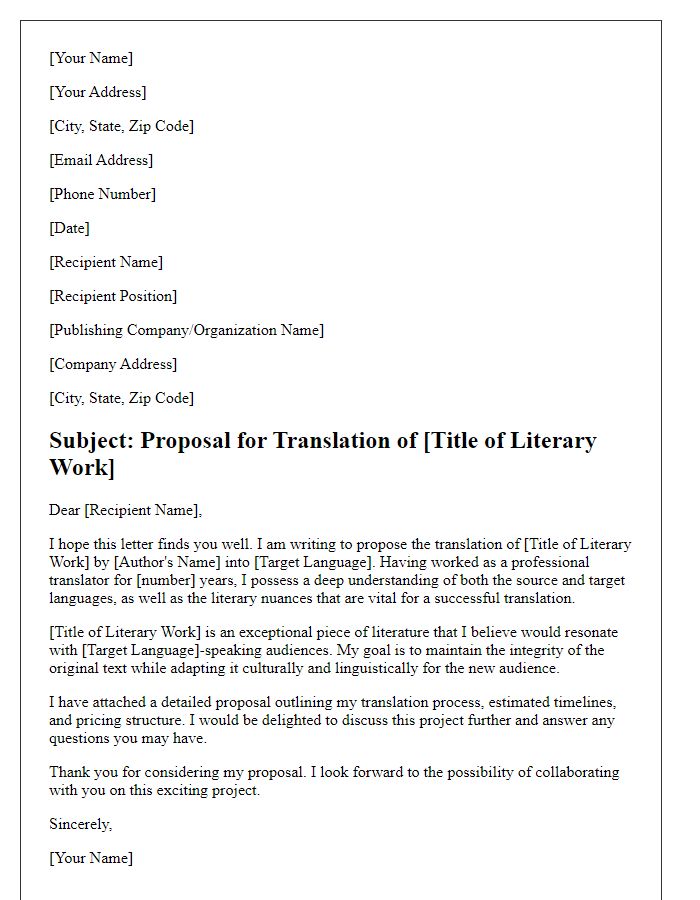 Letter template of a translation proposal for literary works