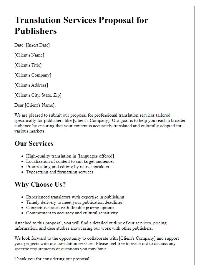 Letter template of translation services proposal for publishers