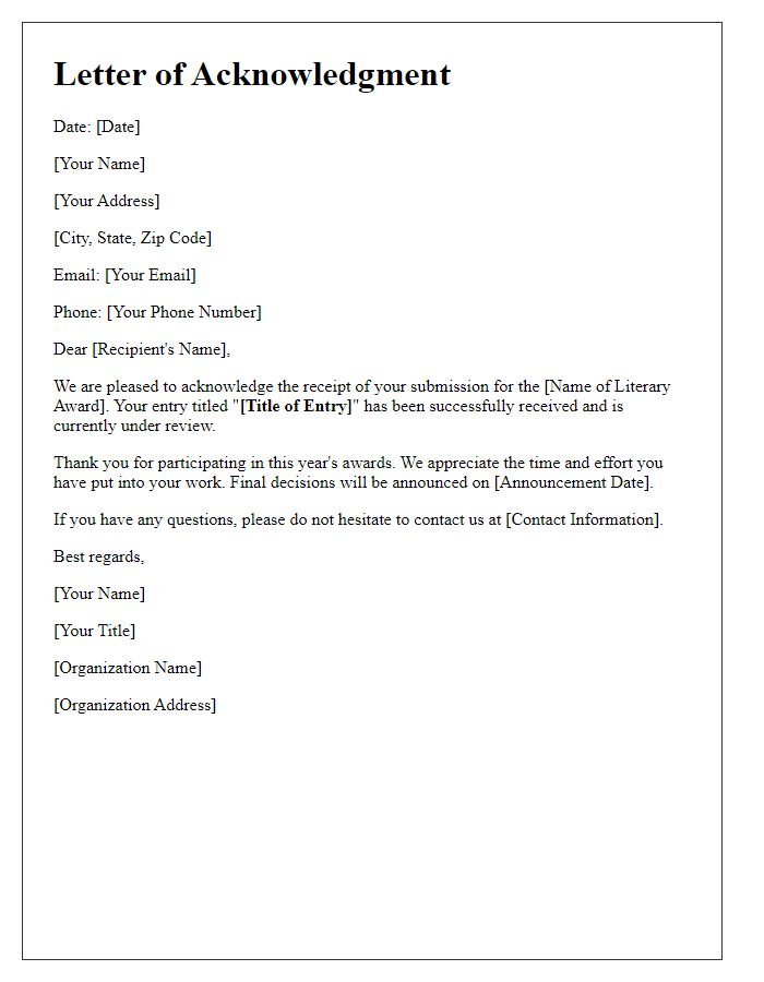 Letter template of acknowledgment for literary award entry