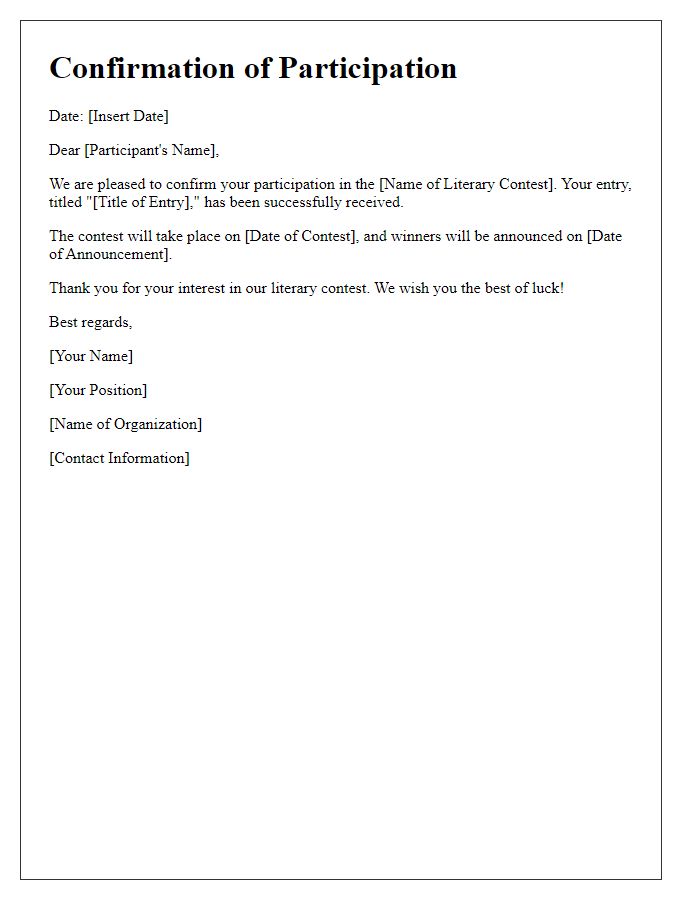 Letter template of confirmation for literary contest participation