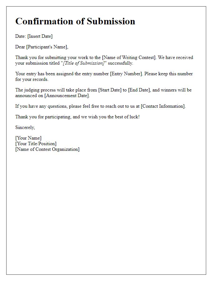 Letter template of confirmation for submission to writing contest