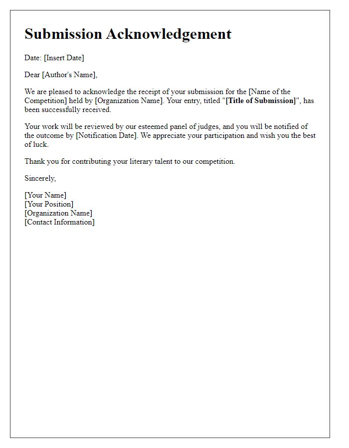 Letter template of literary competition submission acknowledgement